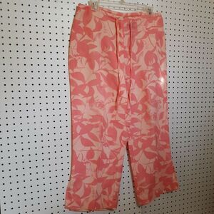 JH Collectibles Linen Pants Womens Size 8 Floral Pinks Wide Leg Drawstring Waist